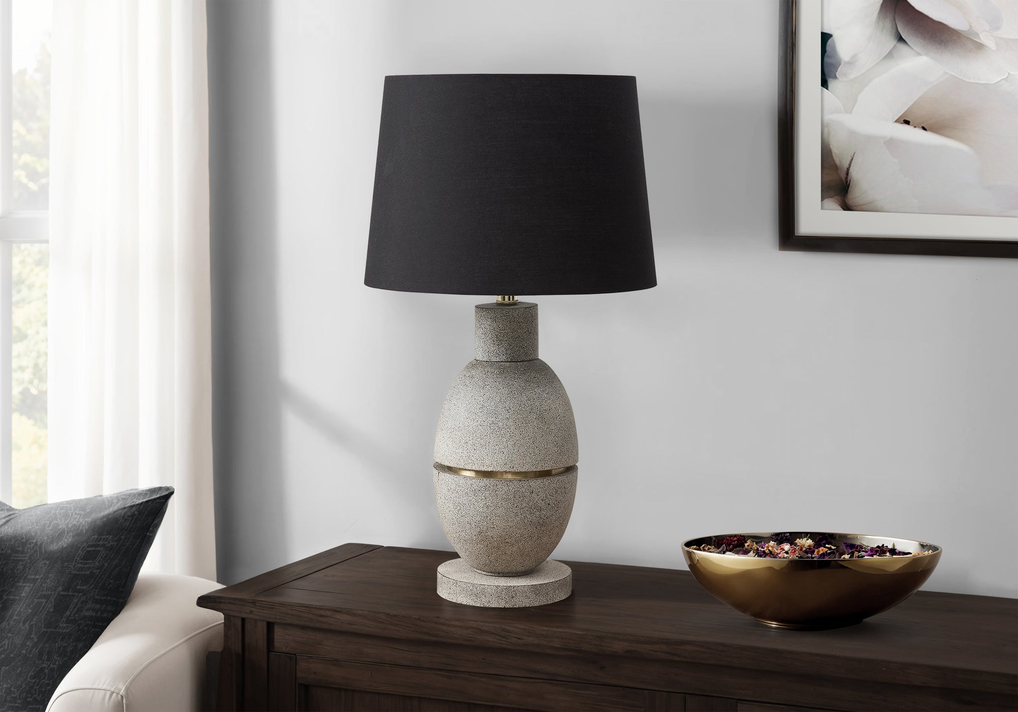 LIGHTING - 25""H TABLE LAMP GREY RESIN  / BLACK SHADE