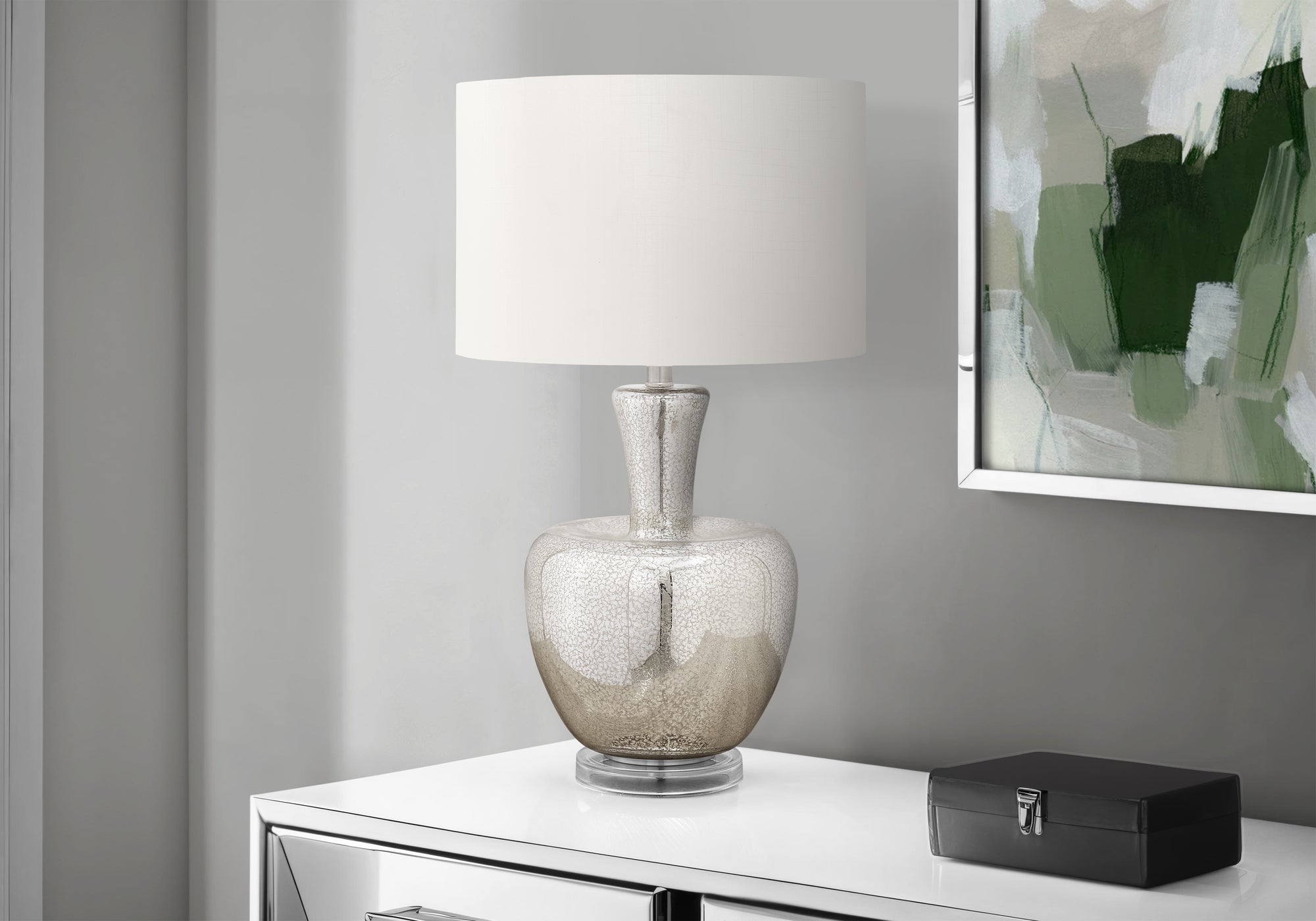 LIGHTING - 26""H TABLE LAMP SILVER GLASS / IVORY SHADE