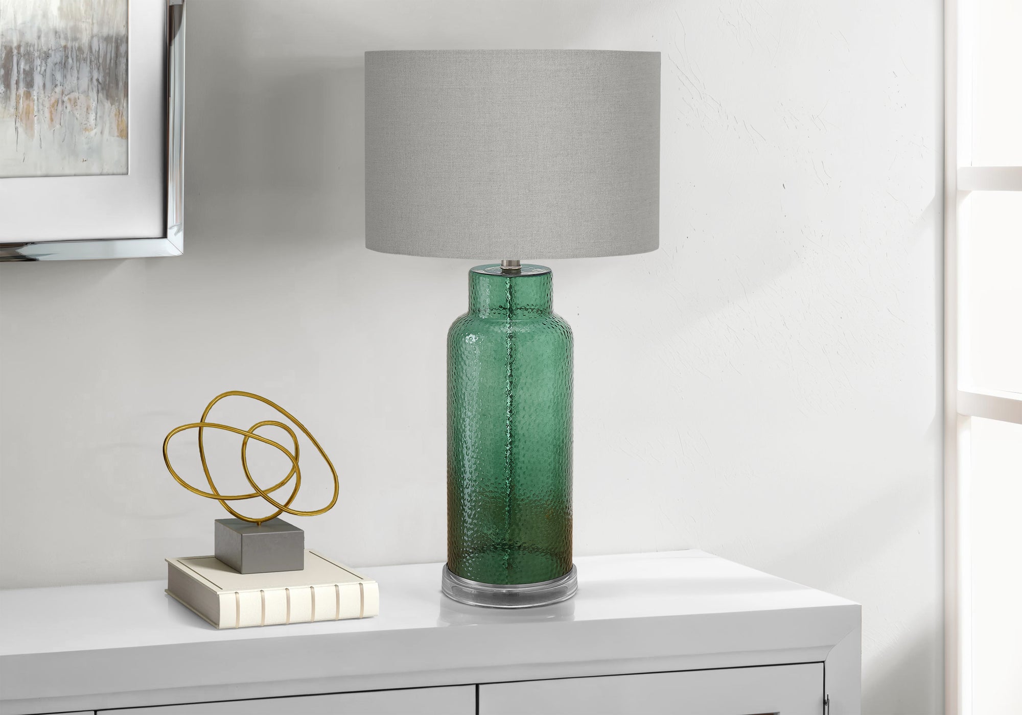 LIGHTING - 28""H TABLE LAMP GREEN GLASS / GREY SHADE
