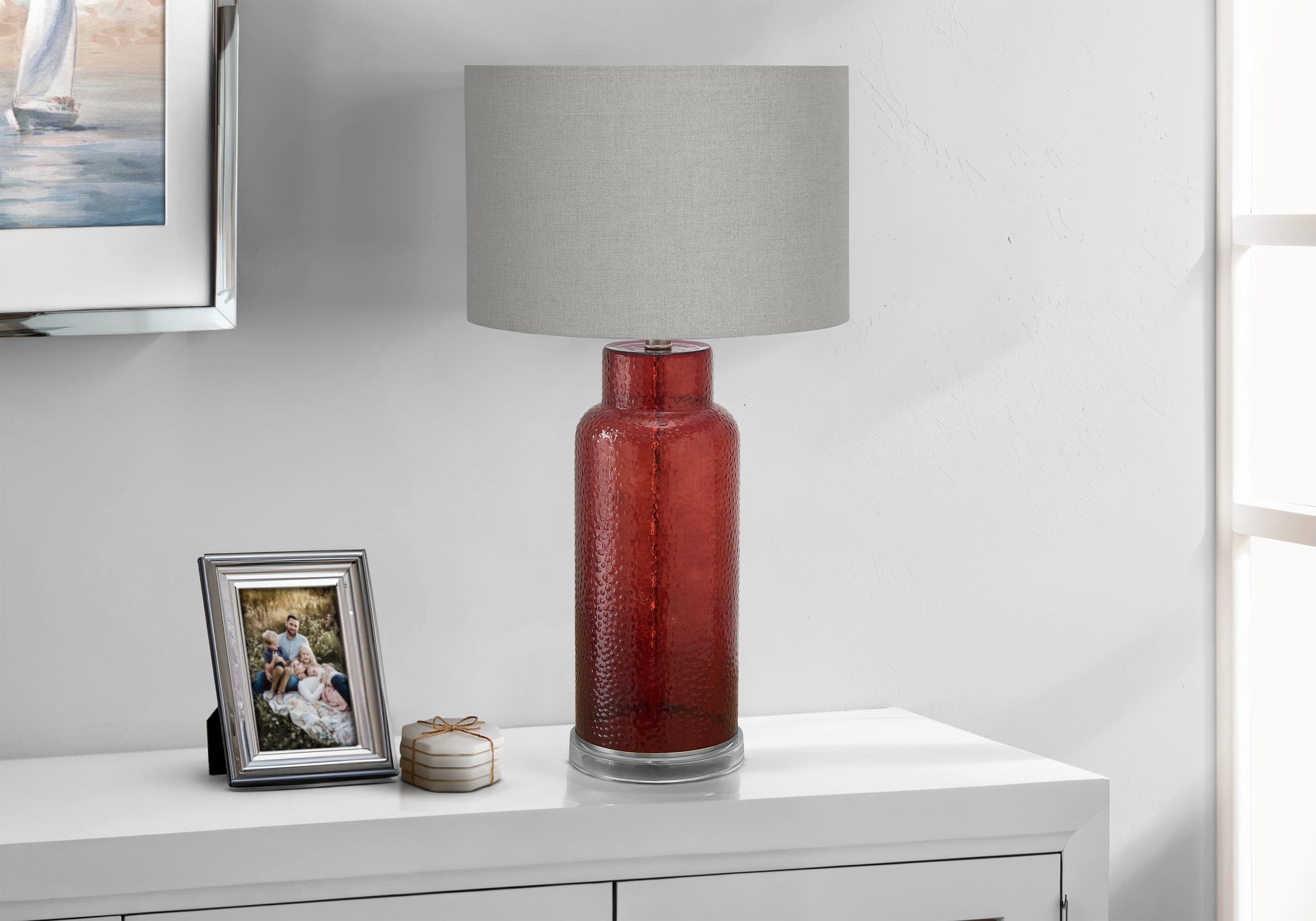 LIGHTING - 28""H TABLE LAMP RED GLASS / GREY SHADE