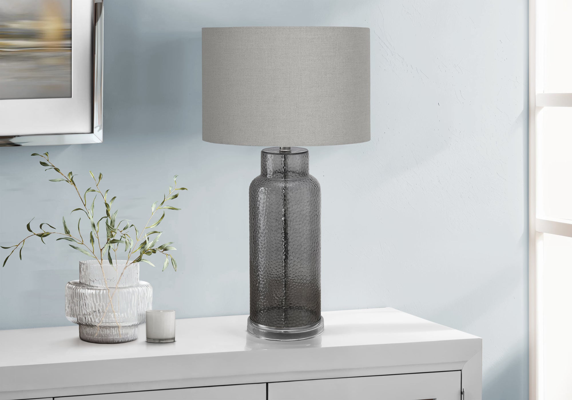 LIGHTING - 28""H TABLE LAMP GREY GLASS / GREY SHADE