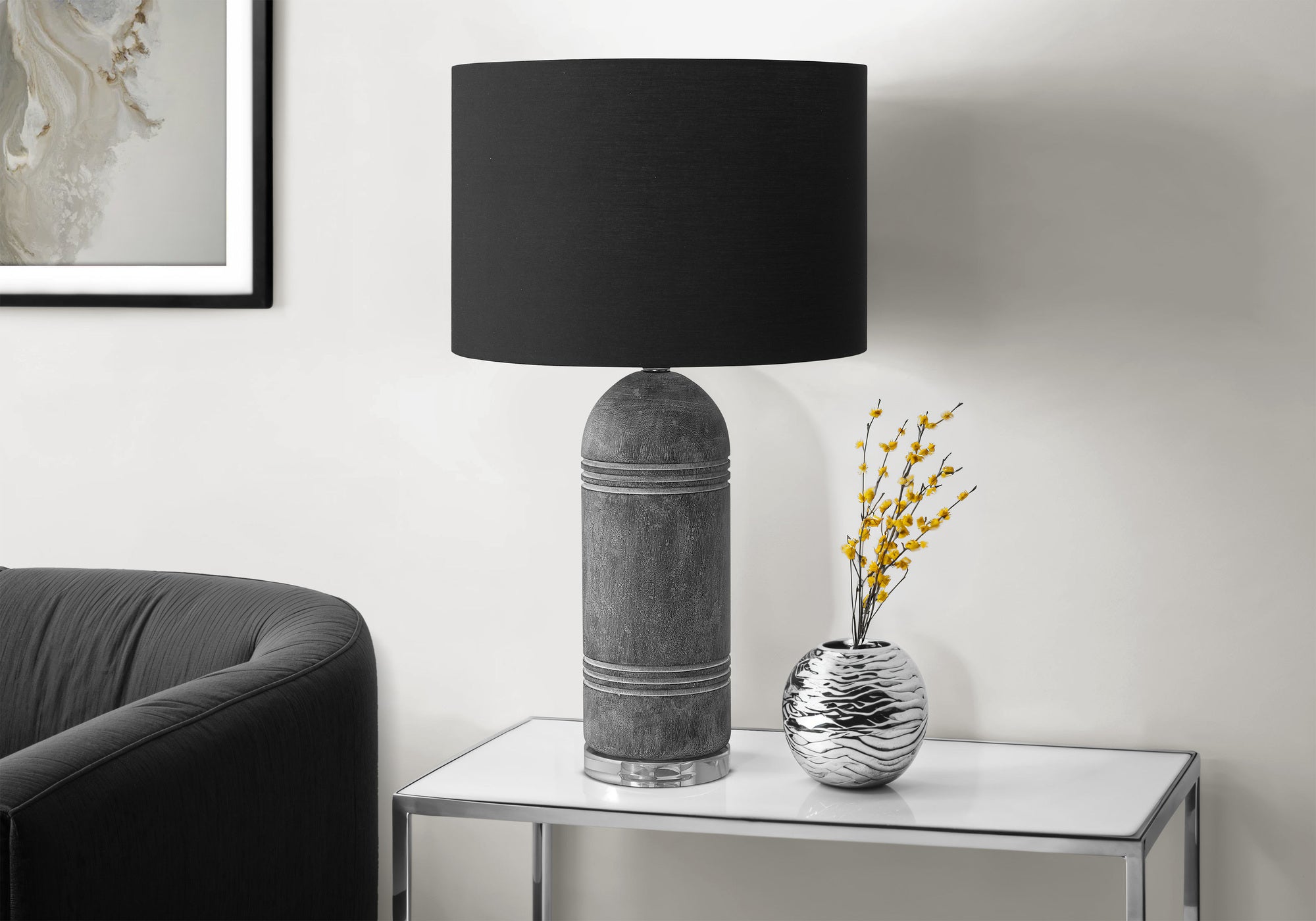 LIGHTING - 28""H TABLE LAMP GREY RESIN / BLACK SHADE