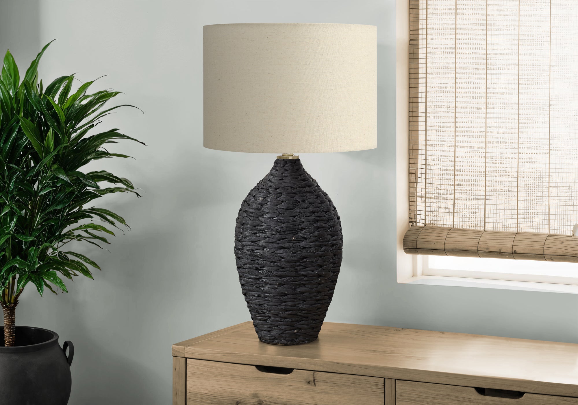 LIGHTING - 30""H TABLE LAMP BLACK RATTAN / BEIGE SHADE