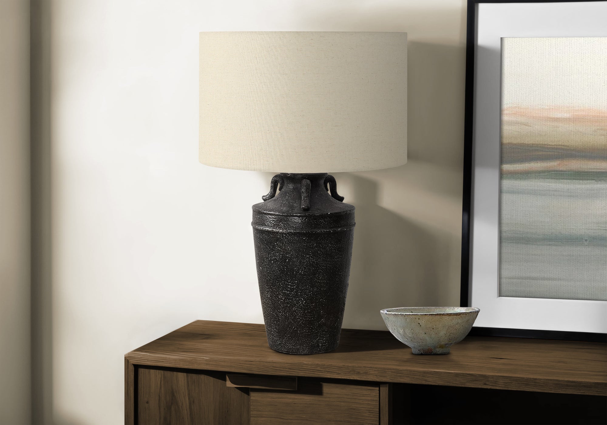 LIGHTING - 28""H TABLE LAMP BLACK CERAMIC / BEIGE SHADE