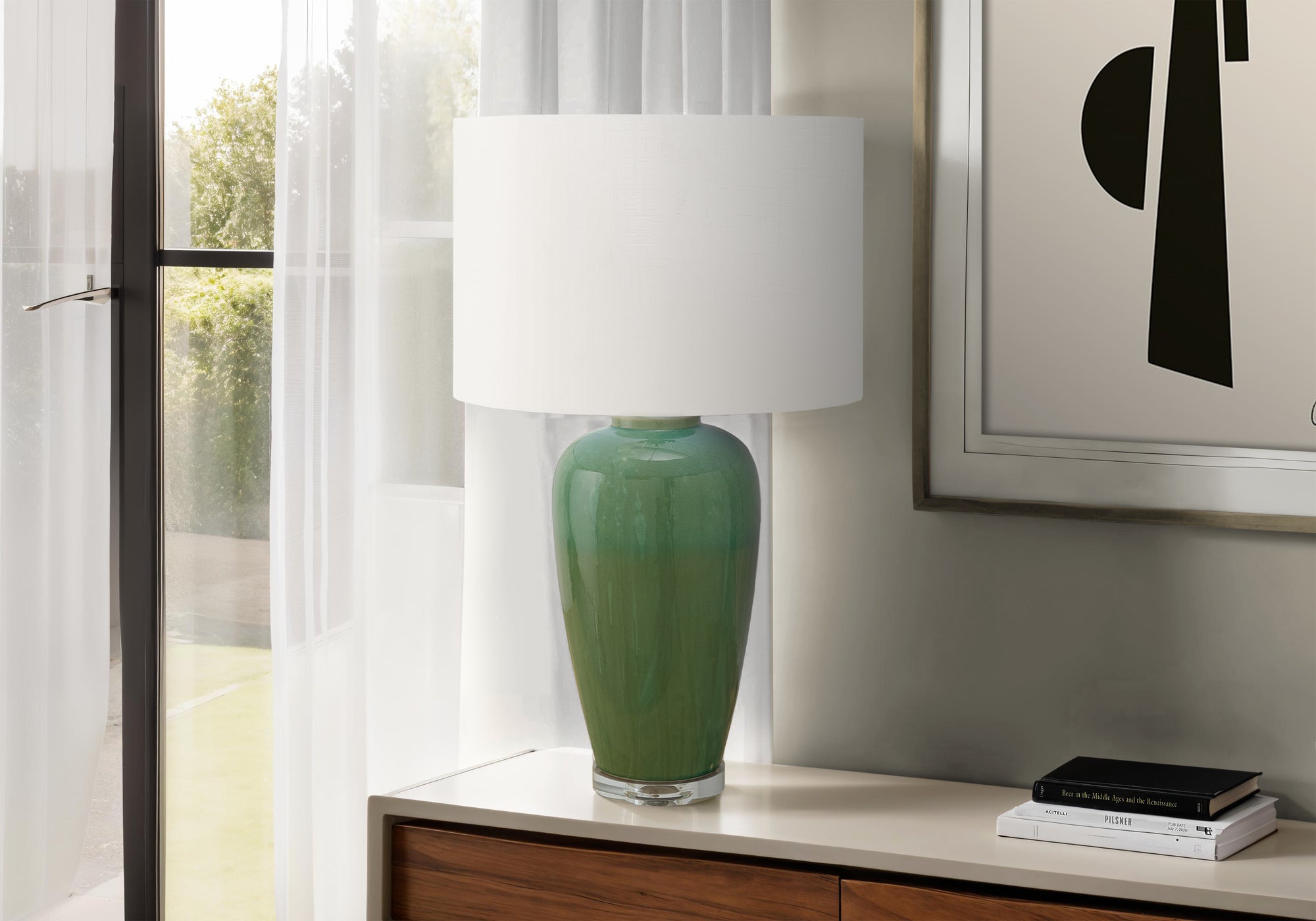 LIGHTING - 29""H TABLE LAMP GREEN CERAMIC / IVORY SHADE