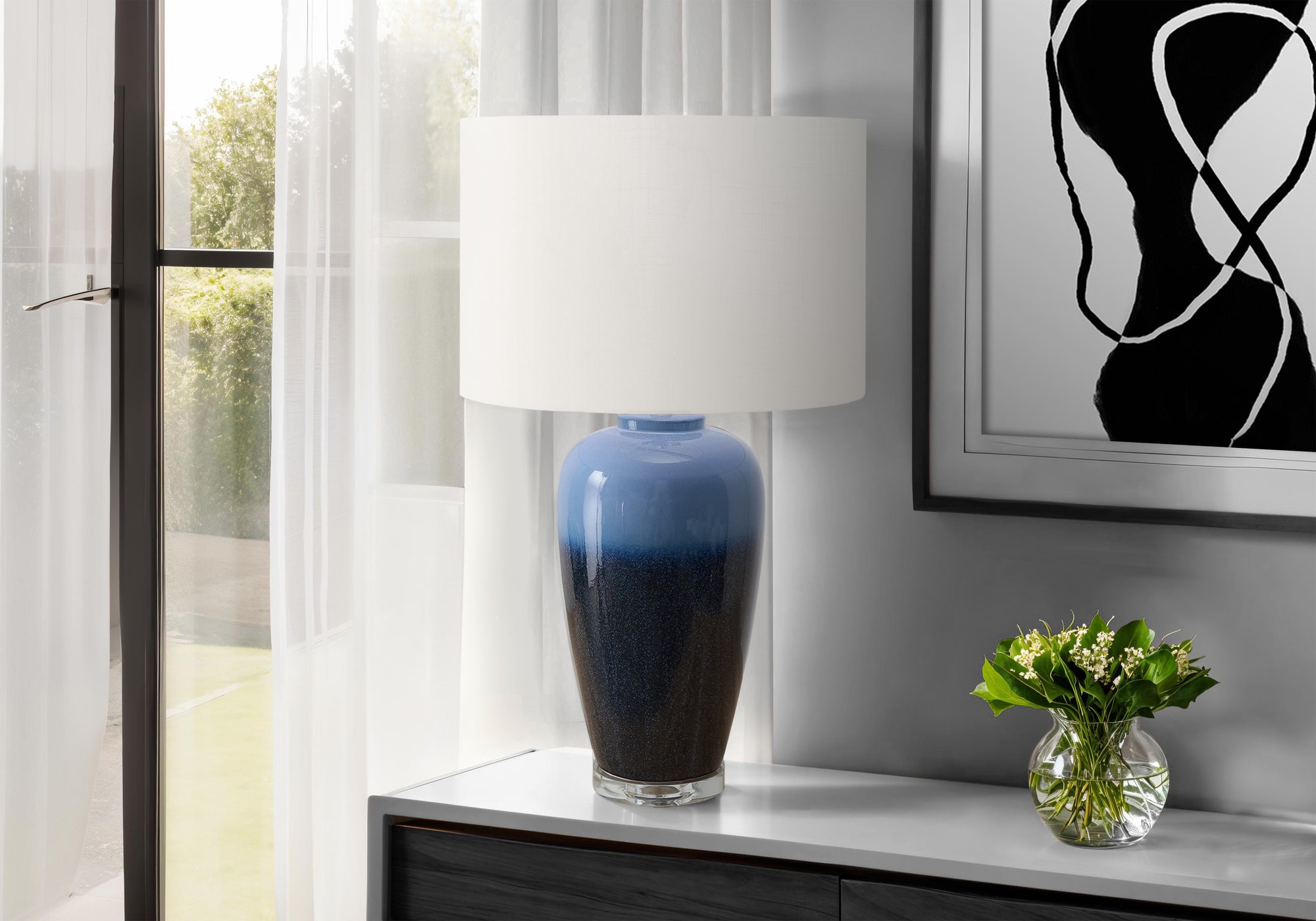 LIGHTING - 29""H TABLE LAMP BLUE CERAMIC / IVORY SHADE
