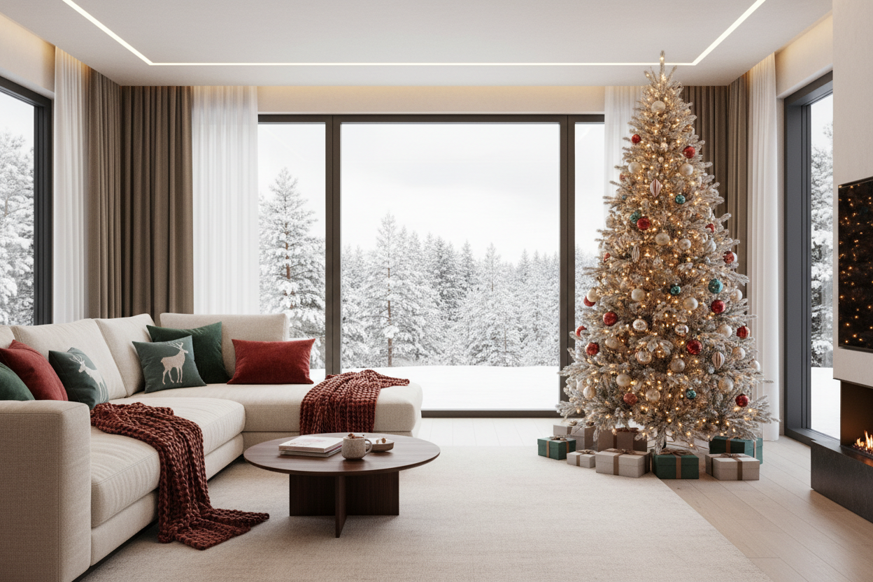 Create a wide holiday living room banner with a modern sectional sofa on the LEFT and a decorated Christmas tree on the RIGHT. Keep the camera at eye level and fairly close so the room feels full. Show warm modern lighting, big windows with winter scenery, and cozy textures. Leave a clean, softly lit EMPTY AREA in the CENTER of the image for layout placement. No people, no text, no fog or gradients.