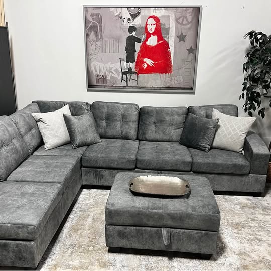 Grey Sectional with Cupholder Console & Storage Ottoman